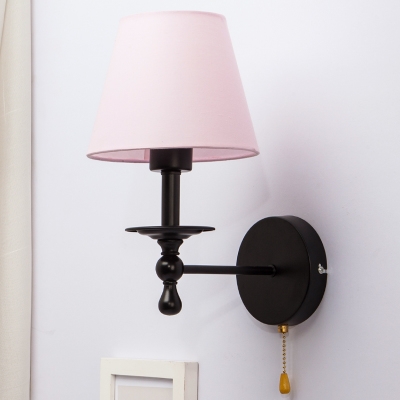 Single Light Cone Wall Sconce Vintage Traditional Fabric Pull Chain Wall Light in Black