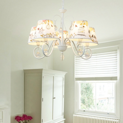 White Finish Tapered Chandelier with Crystal Decoration Metallic 5 Lights Hanging Lamp for Children Bedroom