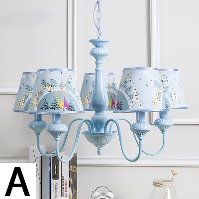 5 Lights Shaded Chandelier Light Boys Girls Bedroom Fabric Suspended Lamp in Sky Blue/Green