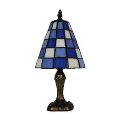 White and Blue Checkered Pattern Glass Shade Table Lamp in Tiffany Style