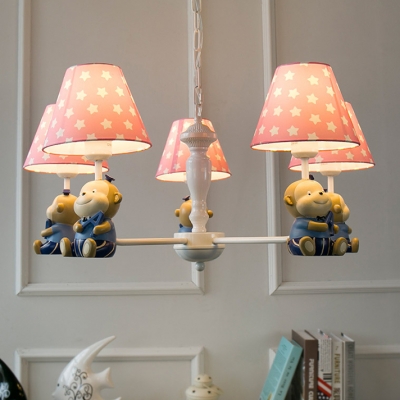 Blue/Pink Fabric Shaded Chandelier with Monkey Children Room 3/5 Lights Decorative Hanging Light