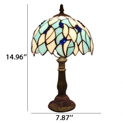 Leaves Patterned Tiffany Glass Shade Table Lamp with Brilliant Blue Beads Decor