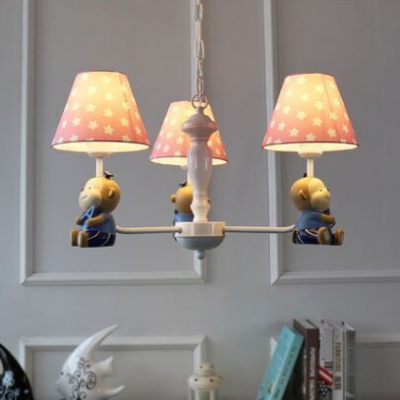 Blue/Pink Fabric Shaded Chandelier with Monkey Children Room 3/5 Lights Decorative Hanging Light