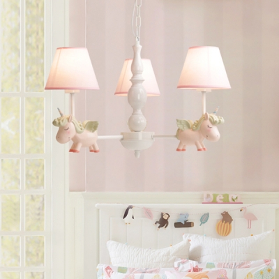 Fabric Shade Suspended Light with Blue/Pink Rocking Horse 3/5 Lights Hanging Lamp for Children