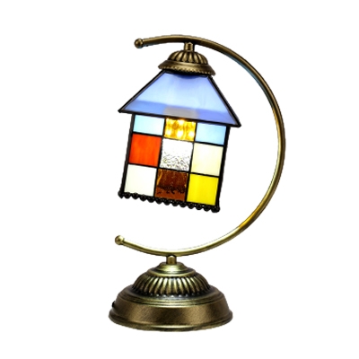 Lodge Style Tiffany Stained Glass Square Table Lamp in House Shape with Arc Arm