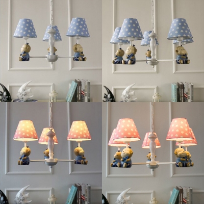Blue/Pink Fabric Shaded Chandelier with Monkey Children Room 3/5 Lights Decorative Hanging Light