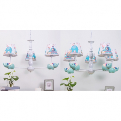 White Finish Shaded Chandelier with Elephant Metal 3/5 Bulbs Suspended Lamp for Nursing Room