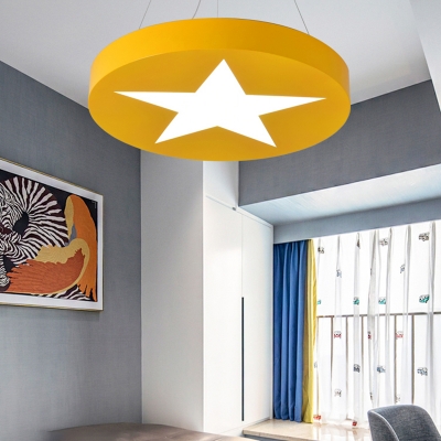 Round Shade Pendant Light with Star Design Game Room Acrylic Suspension Light in Blue/Yellow/Red