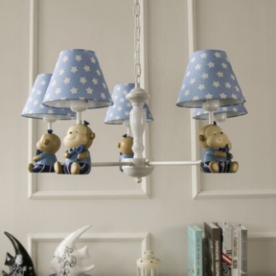 Blue/Pink Fabric Shaded Chandelier with Monkey Children Room 3/5 Lights Decorative Hanging Light