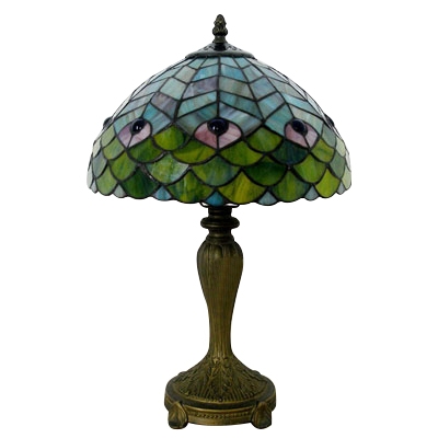 Green Peacock Feather Design Mahogany Base Table Lamp in Tiffany Stained Glass Style