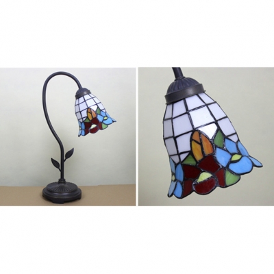 Bronze Finish Bent Arm Table Lamp with Flower Shape Tiffany Glass Shade