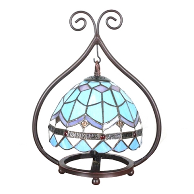 Rustic Style Wrought Iron Frame Accent Table Lamp with Tiffany Stained Glass Dome Shade