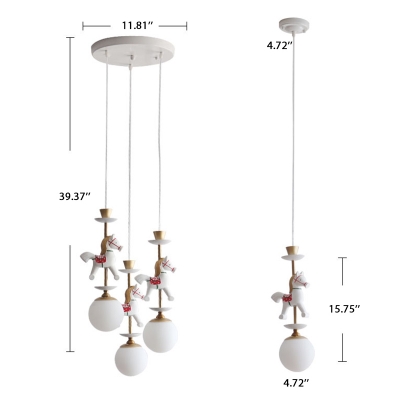 Opal Glass Global Shade Suspension Light with Cartoon Horse/King Kids 1/3 Lights Pendant Lamp in Brass