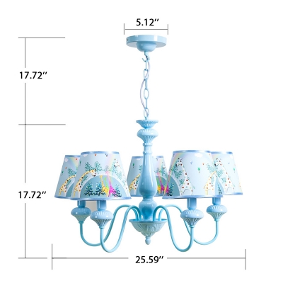 5 Lights Shaded Chandelier Light Boys Girls Bedroom Fabric Suspended Lamp in Sky Blue/Green