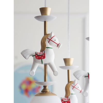 Opal Glass Global Shade Suspension Light with Cartoon Horse/King Kids 1/3 Lights Pendant Lamp in Brass