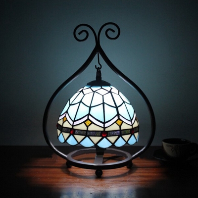 Rustic Style Wrought Iron Frame Accent Table Lamp with Tiffany Stained Glass Dome Shade