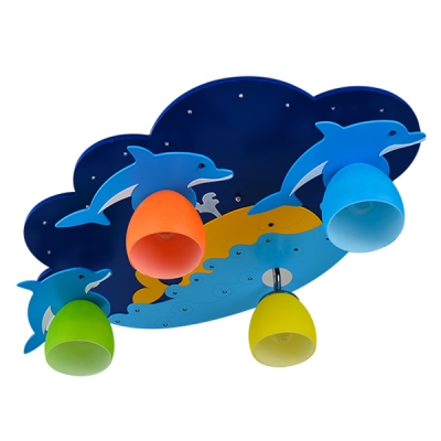 Cute Dolphin/Moon Ceiling Lamp with Glass Shade Children Room 4 Lights Flush Light in Blue