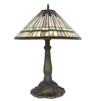 Geometrical Patterned Handmade Table Lamp with Tiffany Stained Glass Shade and Antique Bronze Base