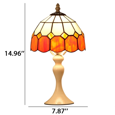 Geometrical Patterned Tiffany Colored Glass Shade Table Lamp with White Metal Base