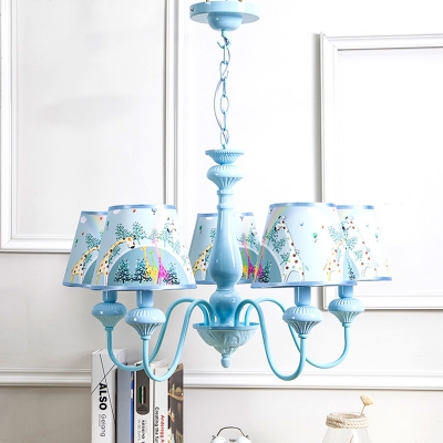 5 Lights Shaded Chandelier Light Boys Girls Bedroom Fabric Suspended Lamp in Sky Blue/Green