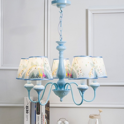 5 Lights Shaded Chandelier Light Boys Girls Bedroom Fabric Suspended Lamp in Sky Blue/Green