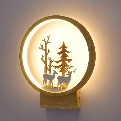 Nature Inspired Style Circle Wall Sconce in Blue/Wooden Finish 10.24