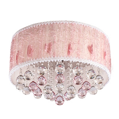 Crystal Accent LED Flush Mount Ceiling Light with Fabric Shade for Princess Bedroom