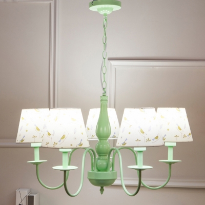 5 Lights Shaded Chandelier Light Boys Girls Bedroom Fabric Suspended Lamp in Sky Blue/Green