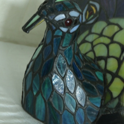 Tiffany Stained Glass Blue Peacock  Table Light with Colorful Brilliant Beads
