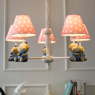 Blue/Pink Fabric Shaded Chandelier with Monkey Children Room 3/5 Lights Decorative Hanging Light