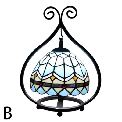 Rustic Style Wrought Iron Frame Accent Table Lamp with Tiffany Stained Glass Dome Shade