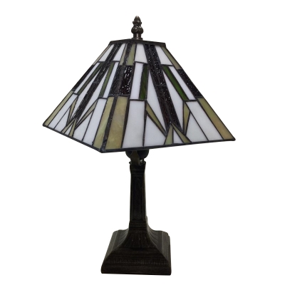 Craftsman Style Square Table Lamp Featuring Geometrical Motif Tiffany Glass Shade