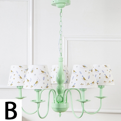 5 Lights Shaded Chandelier Light Boys Girls Bedroom Fabric Suspended Lamp in Sky Blue/Green