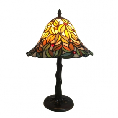 Tree Shape Tiffany Stained Glass Table Lamp with Leaf Patterned Flared Shade