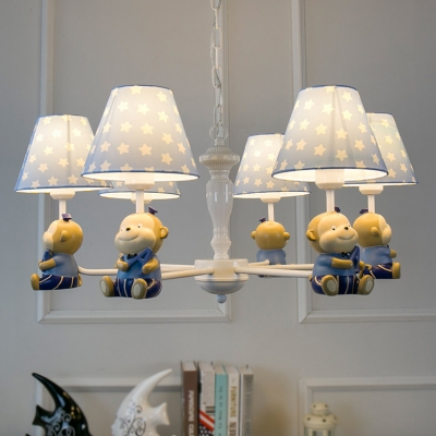 Blue/Pink Fabric Shaded Chandelier with Monkey Children Room 3/5 Lights Decorative Hanging Light