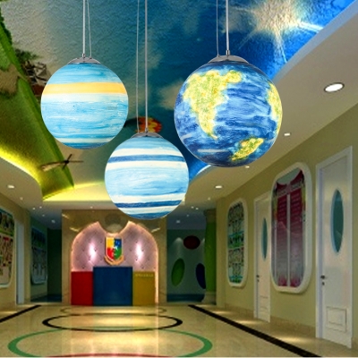 Global Shade Hanging Light with Planet Design Astronomy&Space Kids Room Acrylic Single Light Suspension Light