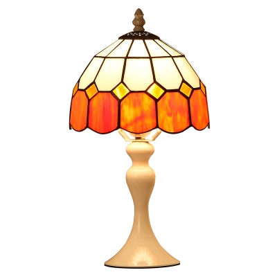 Geometrical Patterned Tiffany Colored Glass Shade Table Lamp with White Metal Base