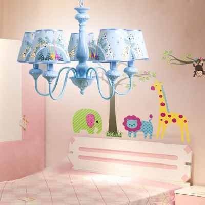 5 Lights Shaded Chandelier Light Boys Girls Bedroom Fabric Suspended Lamp in Sky Blue/Green