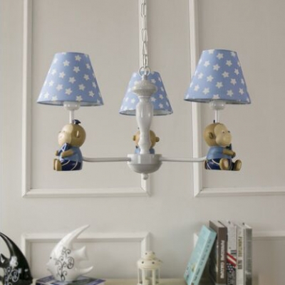 Blue/Pink Fabric Shaded Chandelier with Monkey Children Room 3/5 Lights Decorative Hanging Light