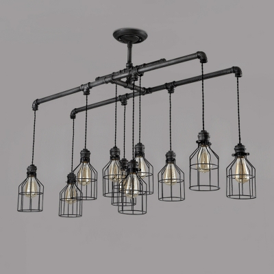 Weathered Iron 10 Light Linear Chandelier with Bird Cage for Bar Counter Restaurant Kitchen Island