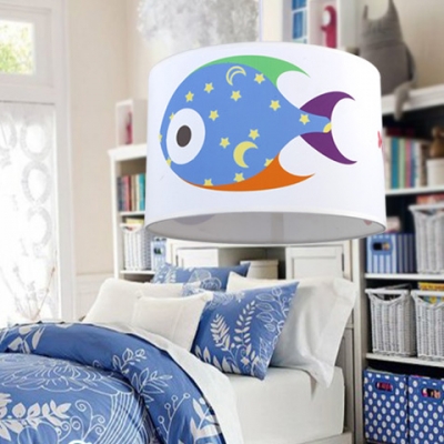 Fabric Round Hanging Light with Fish Pattern Kindergarten Single Head Suspended Lamp in White