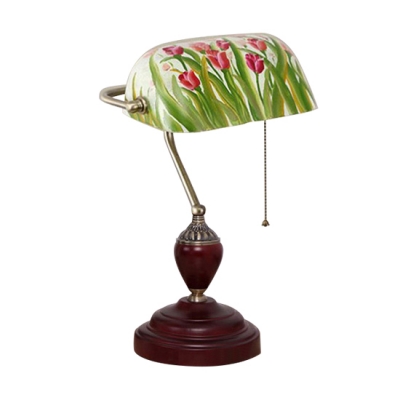 Tiffany Colored Glass Retro Bankers Lamp with Mahogany Lamp Base for Office Study Room