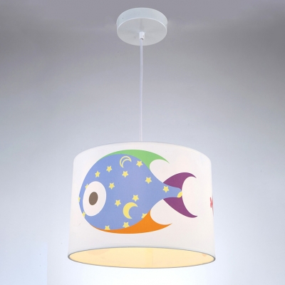 Fabric Round Hanging Light with Fish Pattern Kindergarten Single Head Suspended Lamp in White