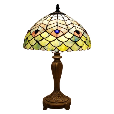 Green Peacock Feather Design Mahogany Base Table Lamp in Tiffany Stained Glass Style