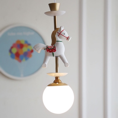 Opal Glass Global Shade Suspension Light with Cartoon Horse/King Kids 1/3 Lights Pendant Lamp in Brass