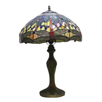 Tiffany-Style Table Lamp with Multi-Colored Dragonfly Pattern Dome Glass Shade