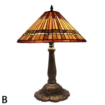 Geometrical Patterned Handmade Table Lamp with Tiffany Stained Glass Shade and Antique Bronze Base