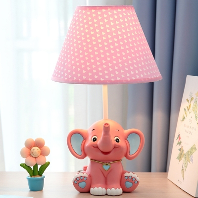 Tapered 1 Head Standing Table Lamp with Bear/Elephant Base Blue/Pink Fabric Shade Reading Light for Kindergarten