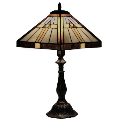 Geometrical Patterned Handmade Table Lamp with Tiffany Stained Glass Shade and Antique Bronze Base