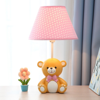 Tapered 1 Head Standing Table Lamp with Bear/Elephant Base Blue/Pink Fabric Shade Reading Light for Kindergarten